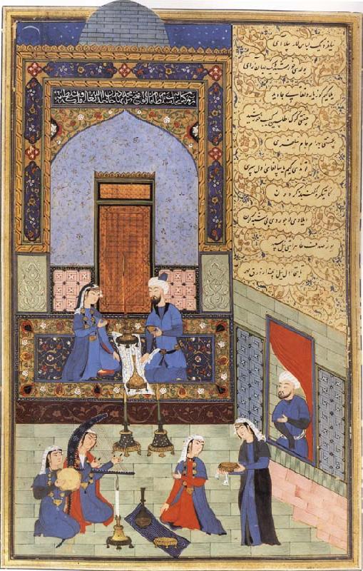 Ali She Nawat Prince Bahram-i-Gor,dressed in blue,listen to the tale of the Princess of the Blue Pavilion oil painting picture